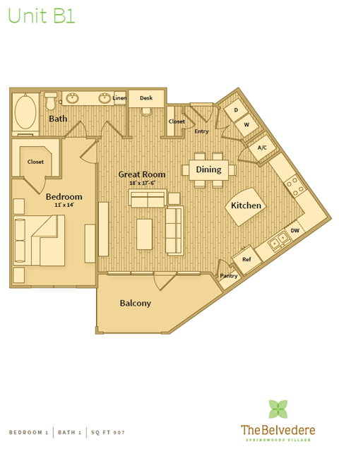 Floor plan for 1 bed, 1 bath, 907 sqft